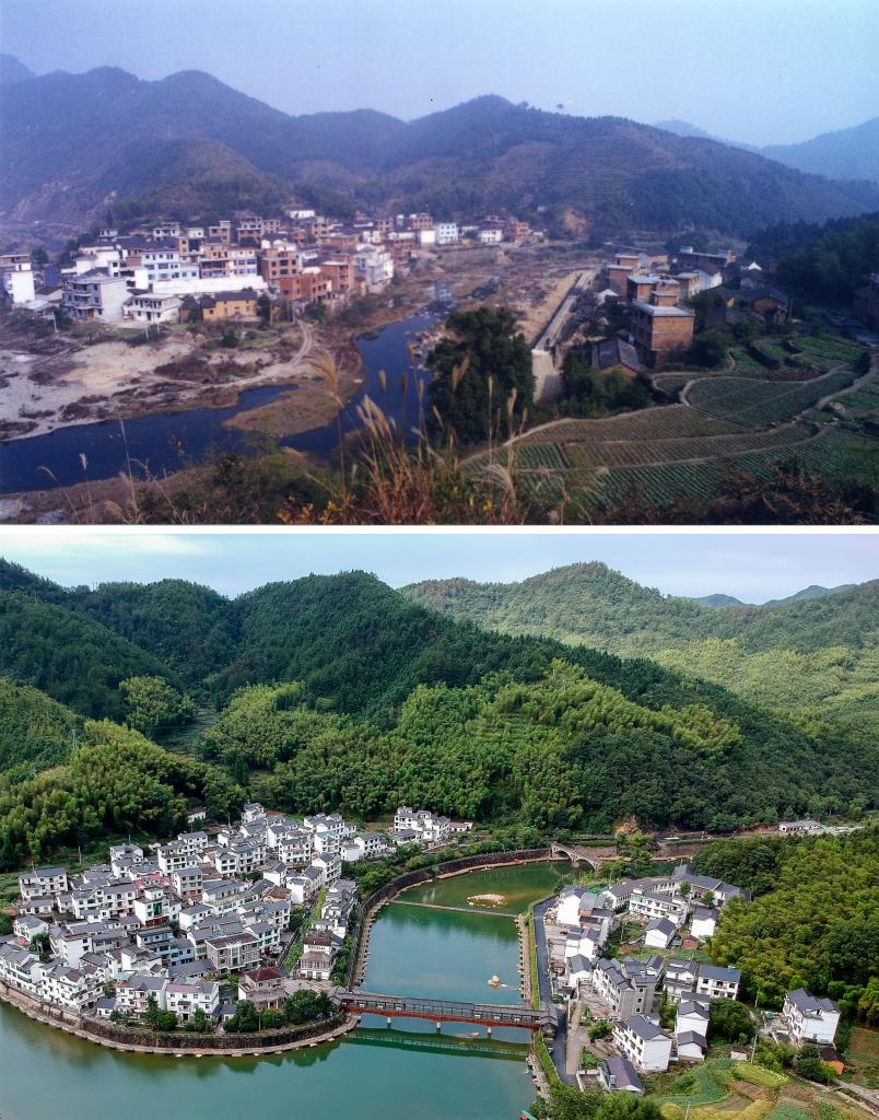 圖為浙江省杭州市淳安縣楓樹嶺鎮(zhèn)下姜村拼版圖，其中上圖為資料照片、下圖由新華社記者張鋮攝。